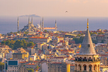 Downtown Istanbul cityscape at sunset with Glalaga Tower