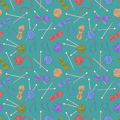 Yarn. Wool for knitting. Needles and hooks. Seamless vector pattern (background). Cartoon print. 
