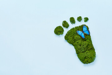 Creative eco, environmental care, earth day concept. Barefoot footprint made of natural green moss...