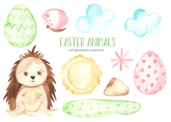 Easter animals watercolor set with easter eggs, hedgehog, glade, butterfly, clouds, sun © MarinaErmakova