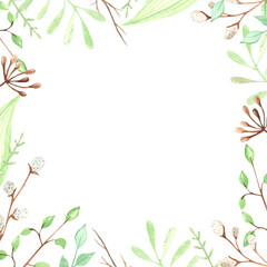 Watercolor Easter square frame with delicate greenery, leaves, twigs, foliage