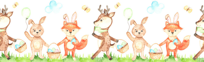 Fototapeta premium Watercolor seamless easter border with easter animals, deer, fox, rabbit, easter eggs