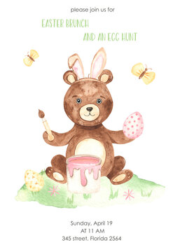 Watercolor card Easter brunch and egg hunter, with bear coloring eggs, paint, easter eggs, brush