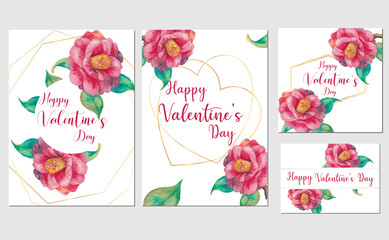 set of valentine's day card designs with hand painted watercolor illustration of camellia flower - obrazy, fototapety, plakaty