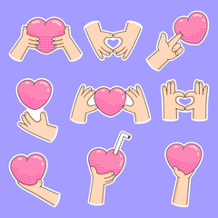 Set of stickers hand holds red heart. Love day clipart. Heart shape. Valentines day vector Illustration - 485979458