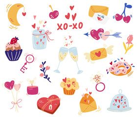 Valentine's Day elements. Big set of love items, muffins, hearts, ring, arrows, keys, champagne, candies and flowers. Vector cartoon illustration for banner, poster, card, postcard.