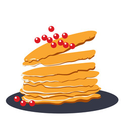 Flying pancakes with red caviar. A traditional Russian dish for Maslenitsa. Vector isolate on a white background
