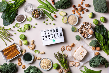 Variety of vegan, plant based protein food
