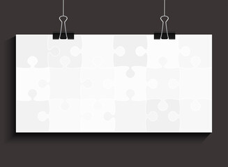 Poster template made grey pieces puzzle, jigsaw