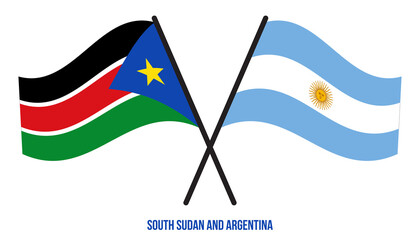 South Sudan and Argentina Flags Crossed And Waving Flat Style. Official Proportion. Correct Colors.