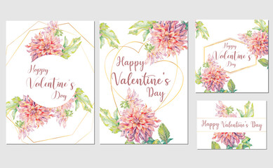 set of valentine's day card design with hand painted watercolor illustration of dahlia flower