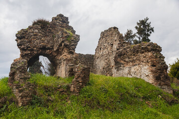 An antique ruined city of columns.Ruin. View of the ancient city in Side, Turkey.