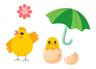 Hen and chicken in eggshell, umbrella and flower