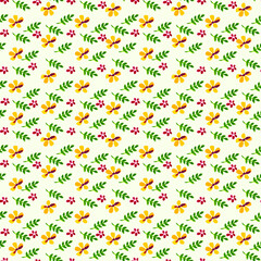 Small yellow and red flowers, leaves on a light background. Seamless floral watercolor rhythmic background. Vector illustration.