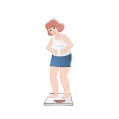 Fat obese woman standing on weight scales,her worry about  weight yourself,over size,fatty girl,overweight control concept,cartoon Healthy character,Vector illustration.