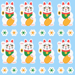 Maneki neko cat with coin seamless pattern. Japanese symbol wishing good luck with raised paw. Cartoon vector background of wealth, happiness, fortune.