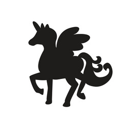 Silhouette black unicorn with curly tail and wings