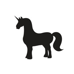 Silhouette of a black unicorn with a horn stands