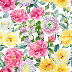 Delicate flowers. Roses, ranunculus, buds and leaves on white background, watercolor floral clipart, seamless pattern
