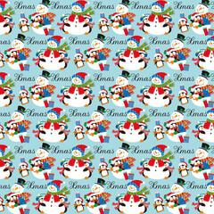 Fototapeta premium christmas seamless pattern with snowman and penguins