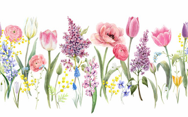 Beautiful seamless horizontal floral pattern with watercolor spring flowers. Stock illustration.