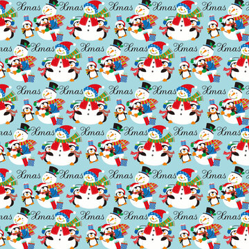 christmas seamless pattern with snowman and penguins
