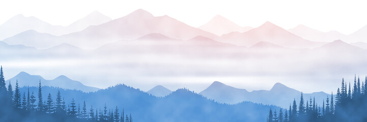 Vector illustration of mountains, valley in fog, morning light, panoramic view  © Valerii