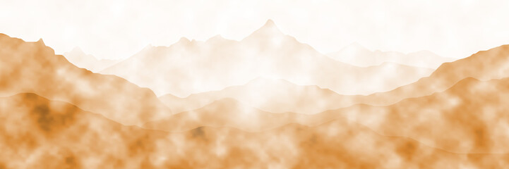 Vector drawing of a mountain landscape, fog. Imitation of watercolor paint.