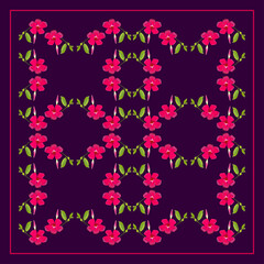 Floral pattern on a purple background pink-red flowers with a bud, leaves and a green shoot for the design of a headscarf, hijab, tablecloth, headscarf, shawl. Vector illustration.