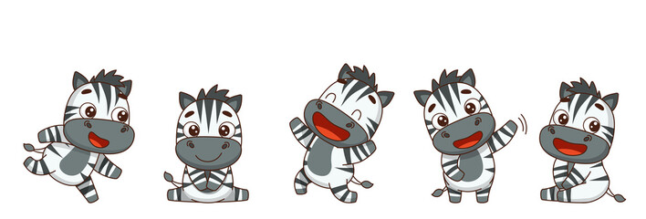 Set of zebras in different poses. Runs, sits, dances, waves, smiles, laughs. Vector illustration for designs, prints and patterns. Isolated on white background
