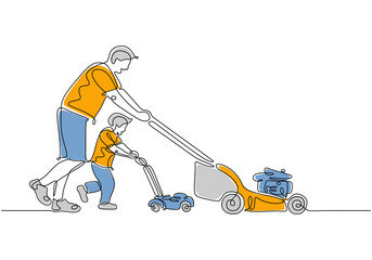 One continuous single drawing line art a dad and his son do gardening together. Vector illustration. Isolated one line hand draw on a white background.