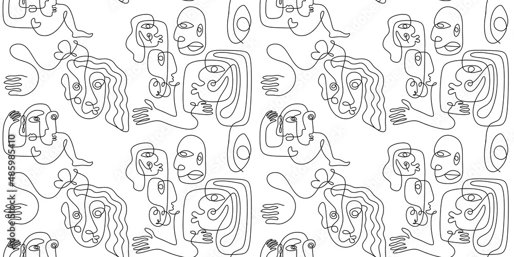 Poster abstract ugly face line art seamless pattern. one line drawing with contour hand drawn vector illust
