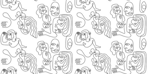 Abstract ugly face line art seamless pattern. One line drawing with contour hand drawn vector illustration, ready for print and textile wrapping. Black and white colors.