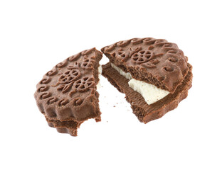 Broken tasty chocolate sandwich cookie with cream on white background