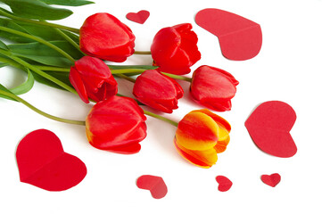 beautiful red  tulips bouquet and paper hearts on white background, valentine's dating concept, wedding