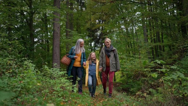 Small girl with mother and grandmother holding hands on walk outoors in forest.