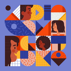 Abstract geometric shapes with different patterns and textures are mixed with human faces expressing emotions of happiness. Concept of people communication or teamwork