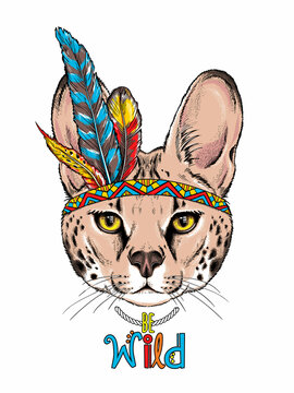 Cute serval with accessories in ethnic style. Boho style ocelot sketch. Be wild illustration. Animal in indian headdress. Stylish image for printing on any surface