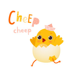 Cute little yellow chick runs in an egg shell and laughs. Funny easter symbol or template for greeting card or holiday poster with lettering cheep cheep.