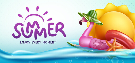 Summer season vector design. Summer typography text in blue sea background with flamingo and sun floater elements for fun and enjoy water swimming tropical outdoor. Vector illustration.  © Zeinous