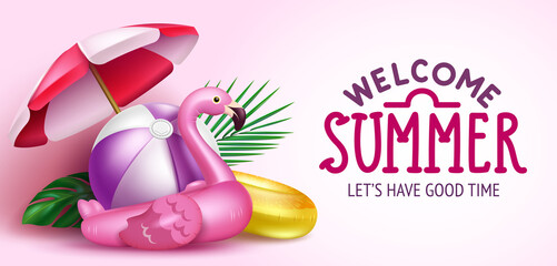 Summer holiday vector design. Welcome summer text in with beach ball, flamingo floaters and umbrella in pink background for tropical season relax and enjoy vacation. Vector illustration.
