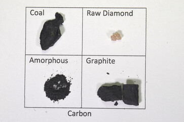 Arrangement with allotropes of carbon; Coal, Diamond, Amorphous, and Graphite.