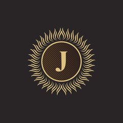 Emblem Letter J Gold Monogram Design. Luxury Volumetric Logo Template. 3D Line Ornament for Business Sign, Badge, Crest, Label, Boutique Brand, Hotel, Restaurant, Heraldic. Vector Illustration