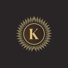 Emblem Letter K Gold Monogram Design. Luxury Volumetric Logo Template. 3D Line Ornament for Business Sign, Badge, Crest, Label, Boutique Brand, Hotel, Restaurant, Heraldic. Vector Illustration