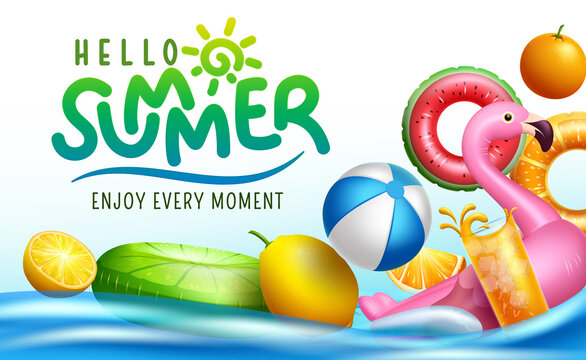Summer holiday vector background design. Hello summer typography text in water float with floaters inflatable objects for relax tropical season swimming activity. Vector illustration.
