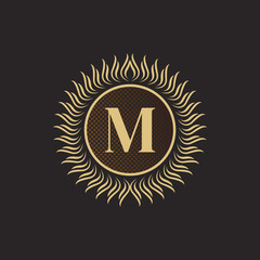 Emblem Letter M Gold Monogram Design. Luxury Volumetric Logo Template. 3D Line Ornament for Business Sign, Badge, Crest, Label, Boutique Brand, Hotel, Restaurant, Heraldic. Vector Illustration