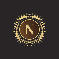Emblem Letter N Gold Monogram Design. Luxury Volumetric Logo Template. 3D Line Ornament for Business Sign, Badge, Crest, Label, Boutique Brand, Hotel, Restaurant, Heraldic. Vector Illustration