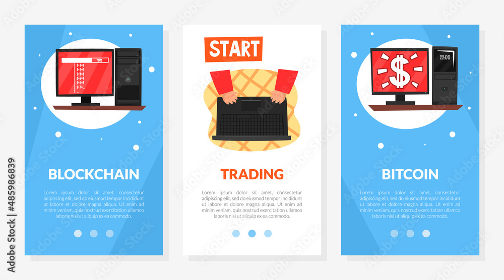 Leinwandbilder bitcoin trading and blockchain web banner with computer system vector template