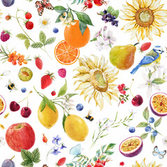 Beautiful seamless summer pattern with watercolor flowers and lemon pear orange mango fruits. Stock illustration.