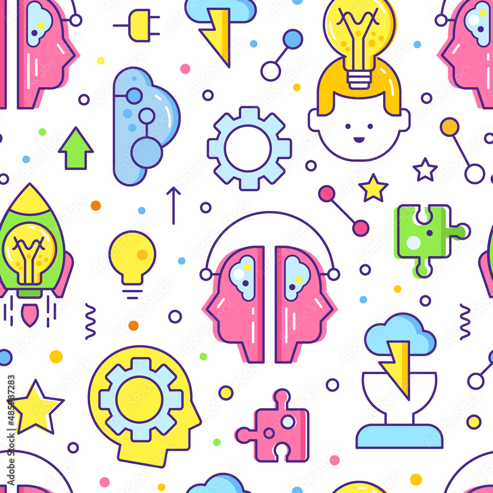 Aufkleber brain and creative mind design with line icon vector seamless pattern